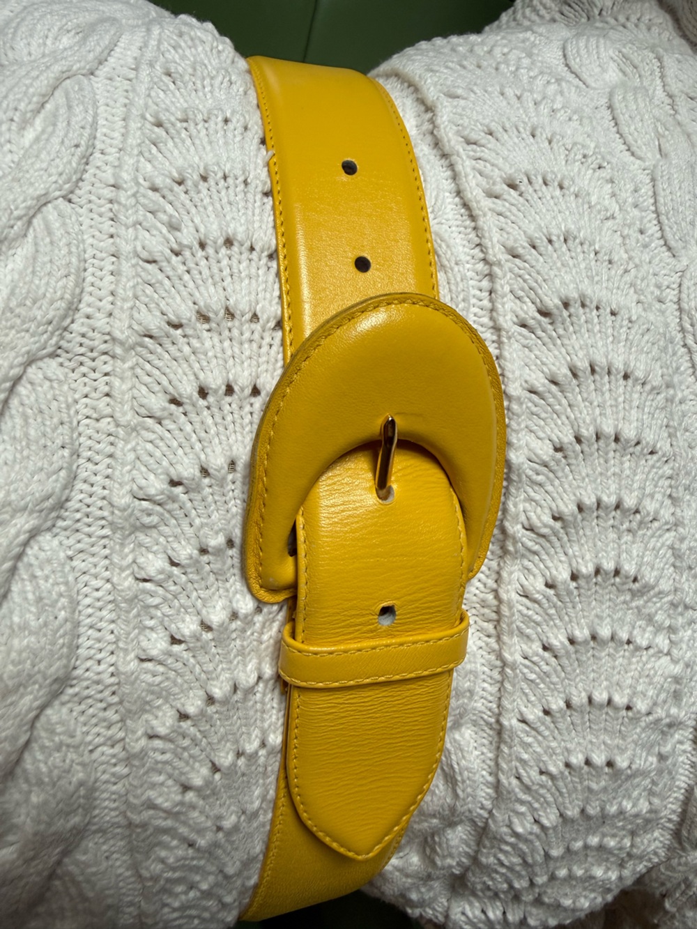 Yellow Leather Waist Belt with Curved Buckle - Women Accessories